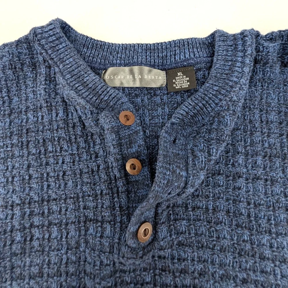 Oscar de la Renta Henley Sweater Blue Waffle Knit Cotton Blend XL
